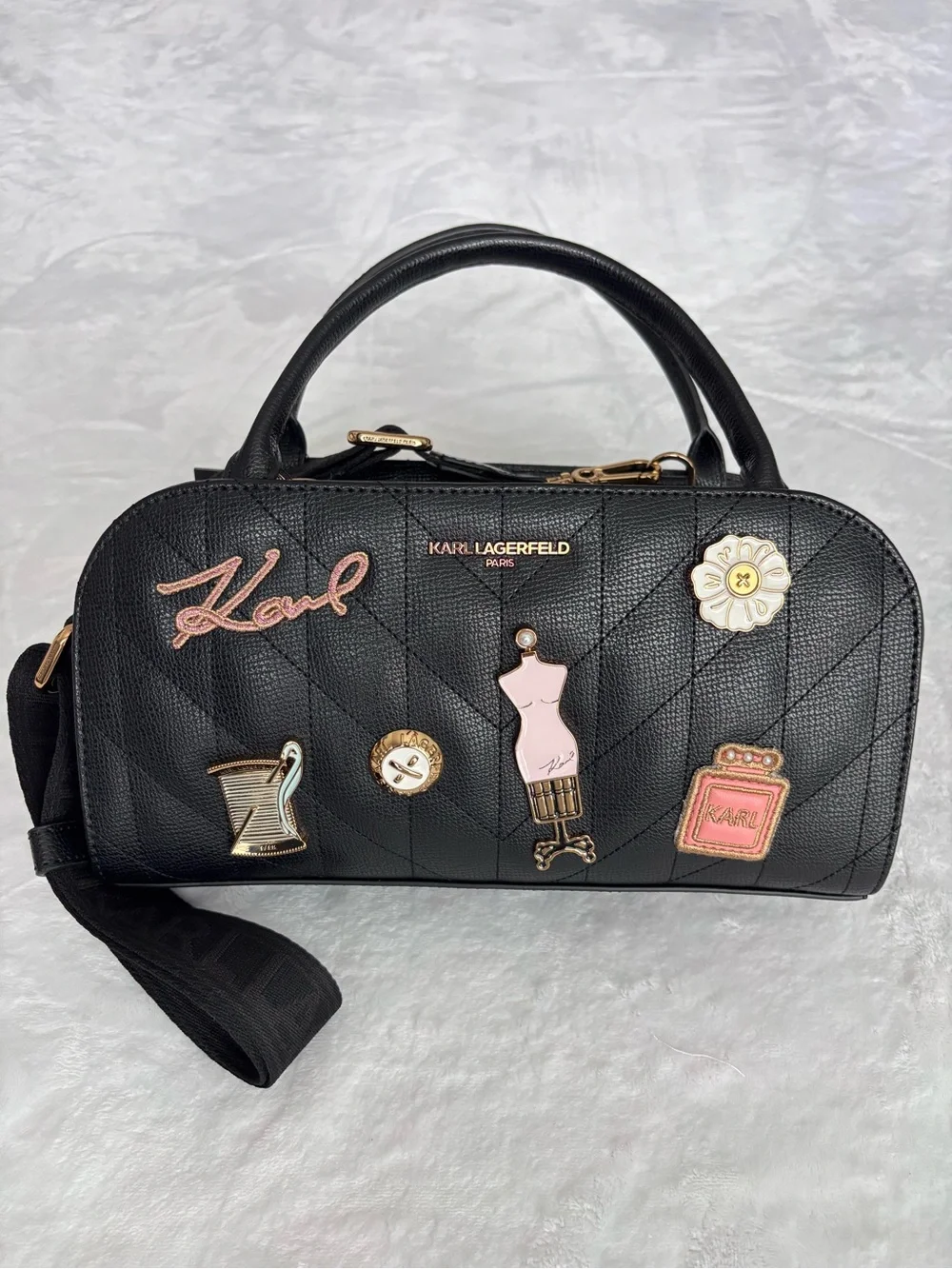 KARL LAGERFELD Maybelle Vegan Leather Embellished Quilted Dome Satchel--NWT